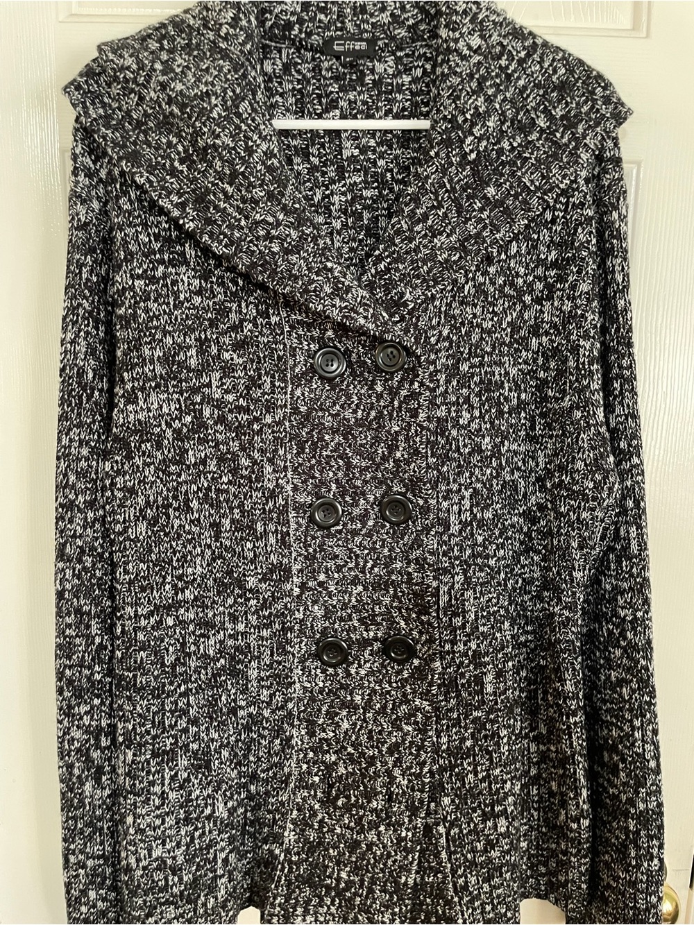 Effan Marled Black & White Shawl-Collar Double-Breasted Sweater